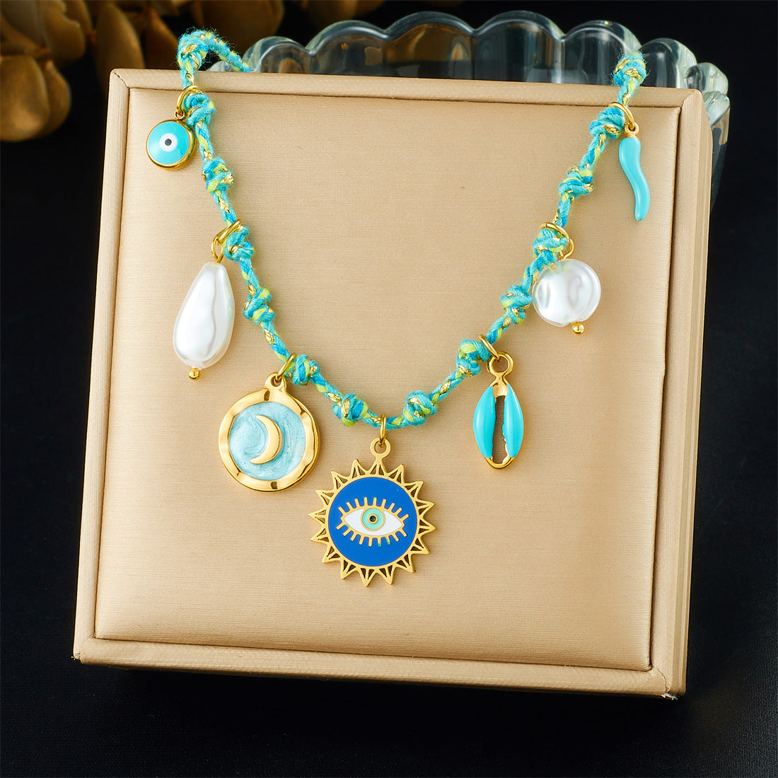 Luxury Casual Moon Drip Oil Stainless Steel Shell Sun Eye Pendant Necklace for Women