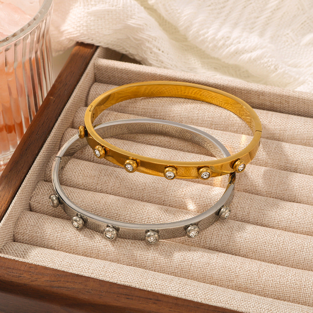 Fashionable Ins Style 18K Gold Plated Stainless Steel Round Zircon Irregular Buckle Bracelet for Women