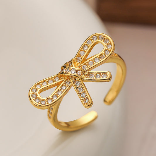 Fashionable Copper Ring with 18K Gold Plating and Zircon Bowknot Design for Women, Adjustable Geometric Shape Band with Micro-Pave Setting