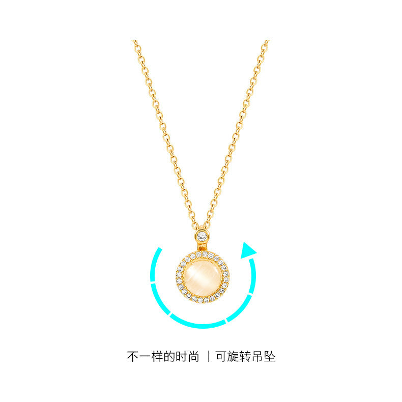 Collana girocollo minimalista da donna con pendente a occhio di gatto rotante, zirconi micro-pavé, design geometrico rotondo in acciaio al titanio con catena a croce