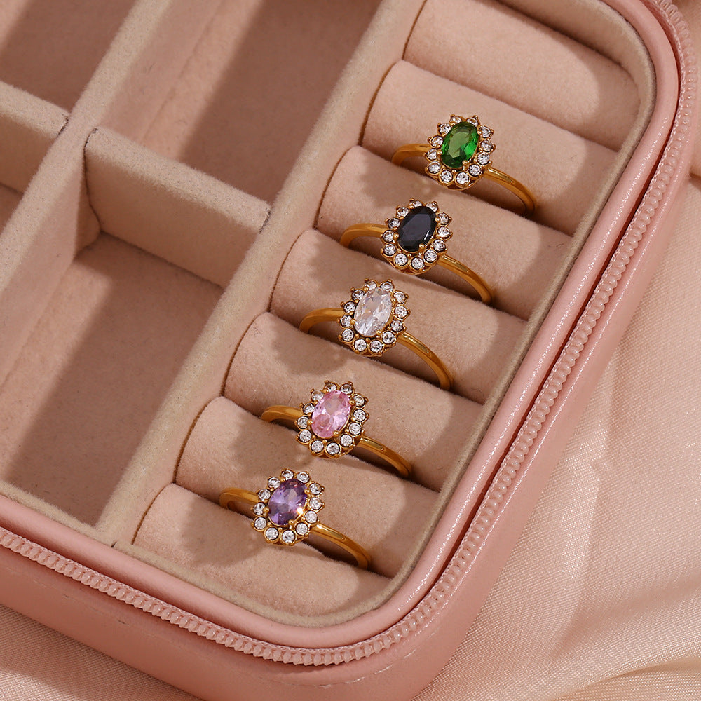 Minimalist Luxe Oval-Shaped Stainless Steel Plated 18K Gold Adjustable Ring with Cubic Zirconia