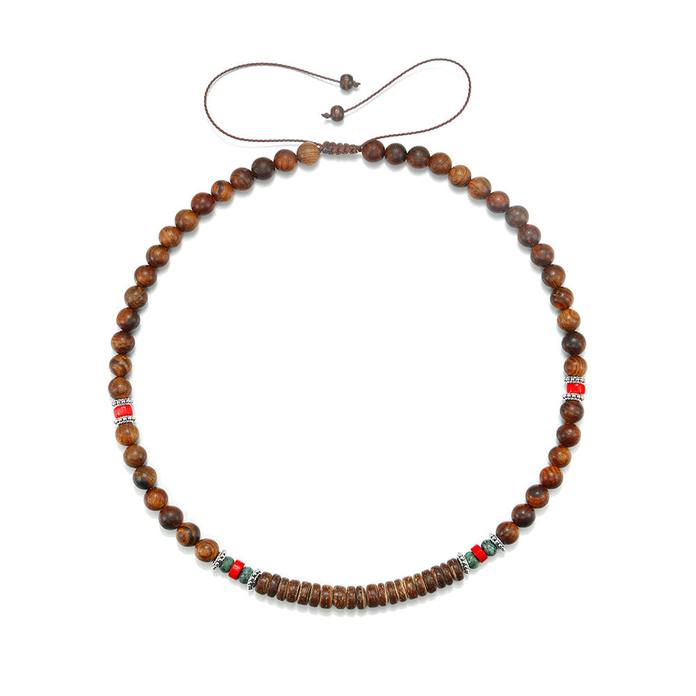 Vintage Hip-hop Geometric Stainless Steel Plated Necklace with Round Brass Wood and Turquoise Beads for Men