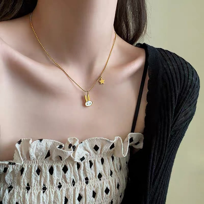 Cute Rabbit-Shaped Titanium Steel Plated Necklace for Women with Ball Chain Design