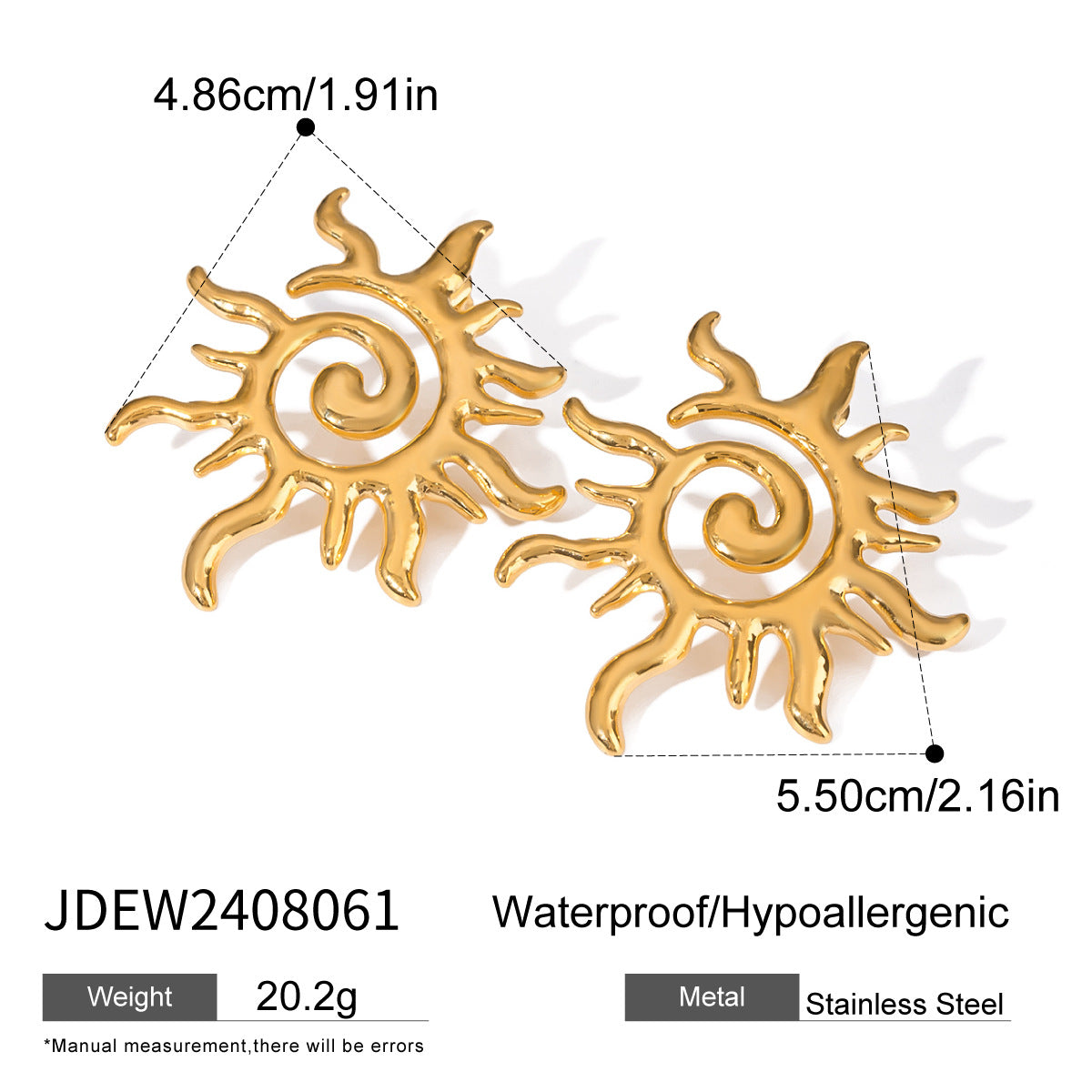 Pendientes de botón de acero inoxidable con forma de sol minimalista para mujer con acabado chapado