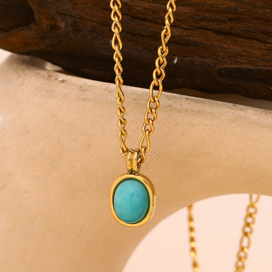 Collar con Colgante Geométrico Minimalista para Mujer de Acero Inoxidable con Baño de Oro de 18K y Piedra Turquesa en Cadena Curva
