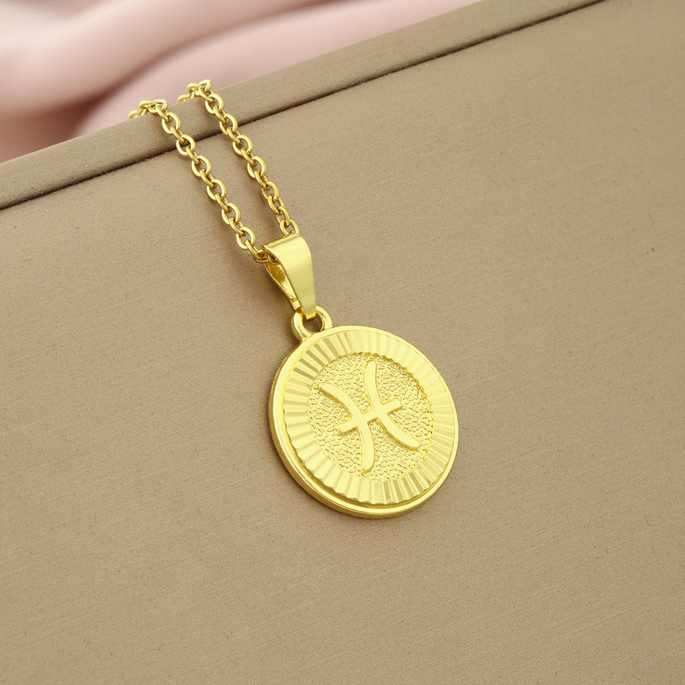 Collana Minimalista con Ciondolo Zodiacale in Acciaio Inox e Charm in Rame Placcato su Catena a O per Donna e Uomo