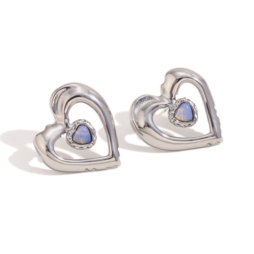 Vintage-Inspired Geometric Hollow-Woven Stainless Steel Ear Studs with 18K Gold Plating and Heart Shape Accent