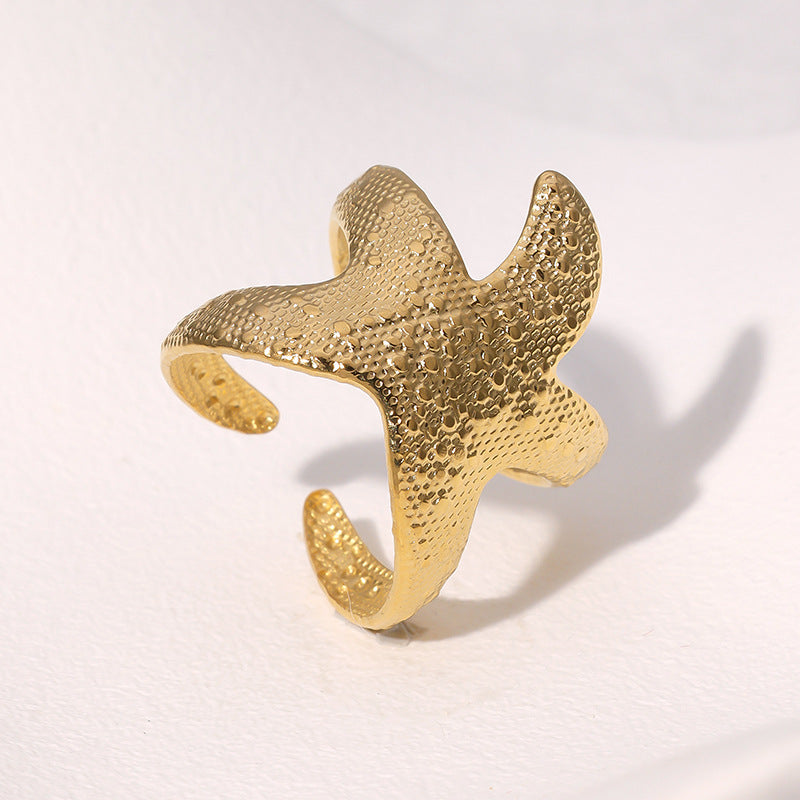 Minimalist 18K Gold Plated Stainless Steel Starfish Open Ring for Women