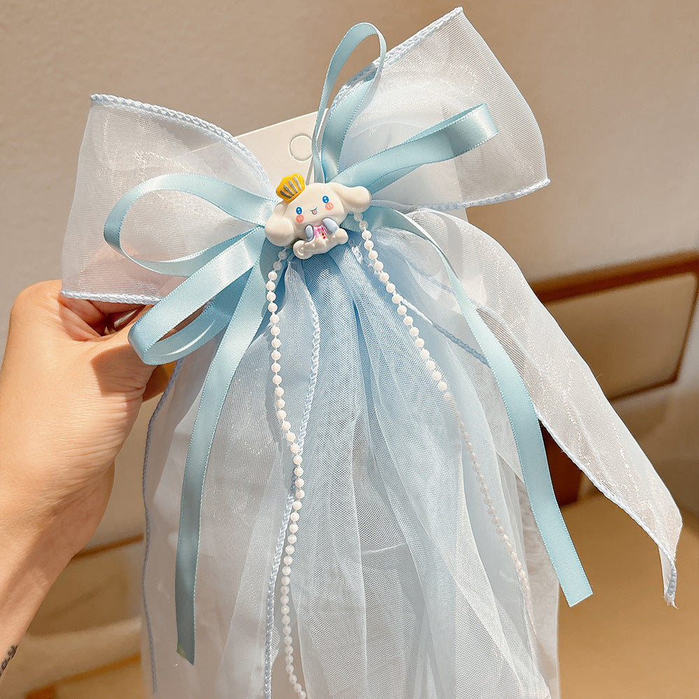 Fermaglio per capelli in tulle con fiocco in stile cartone animato per ragazze con design del personaggio Kuromi, accessorio per capelli per bambini a tema principessa con nastro e bordo in pizzo