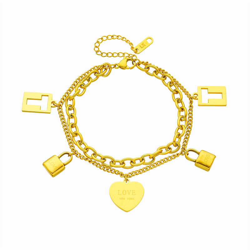 Minimalist Heart-Shaped Hollow-Out Engraved Pendant Necklace with Double-Layer Snake Chain in Stainless Steel