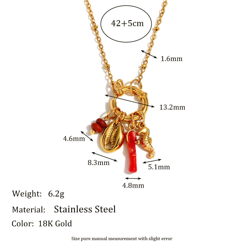Fashionable Lip-Shaped Pendant Necklace in Stainless Steel with 18K Gold Plating, Enamel Red Finish, Sea Horse Accent, Geometric Design for Women
