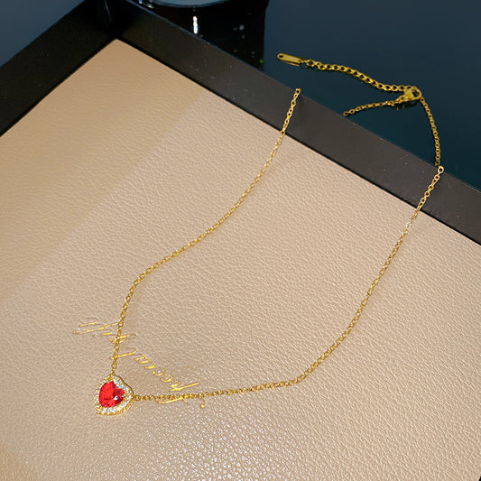 Vintage Geometric Heart Titanium Steel Plated Necklace with Cubic Zirconia Inlay