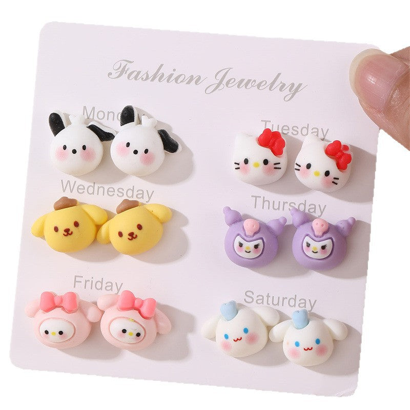 Orecchini a perno per bambine di Sanrio Kiki, in resina plastica, con personaggi dei cartoni animati e intarsio di perle