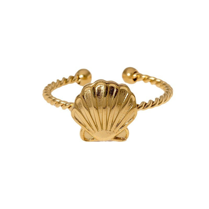 Anello da donna in acciaio inossidabile a forma di conchiglia placcato oro 18 carati, con fascia aperta regolabile