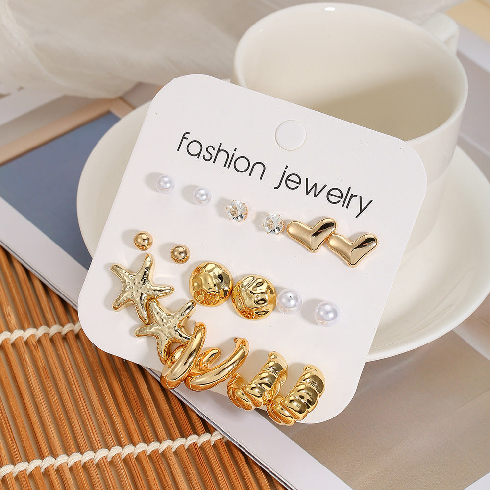 Vintage Geometric Heart Alloy Plated Earrings with Pearl