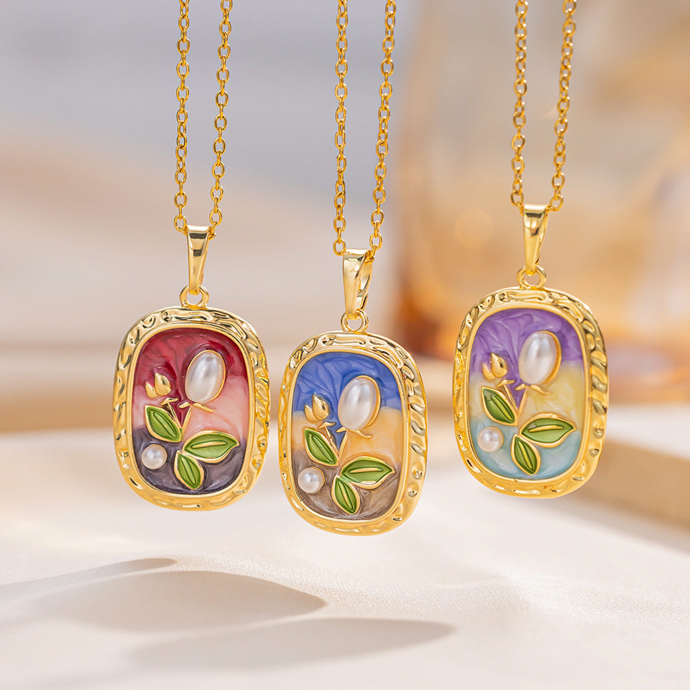 Elegant French Vintage Style Floral Pendant Necklace in Titanium Steel with Enamel Finish and O-Chain