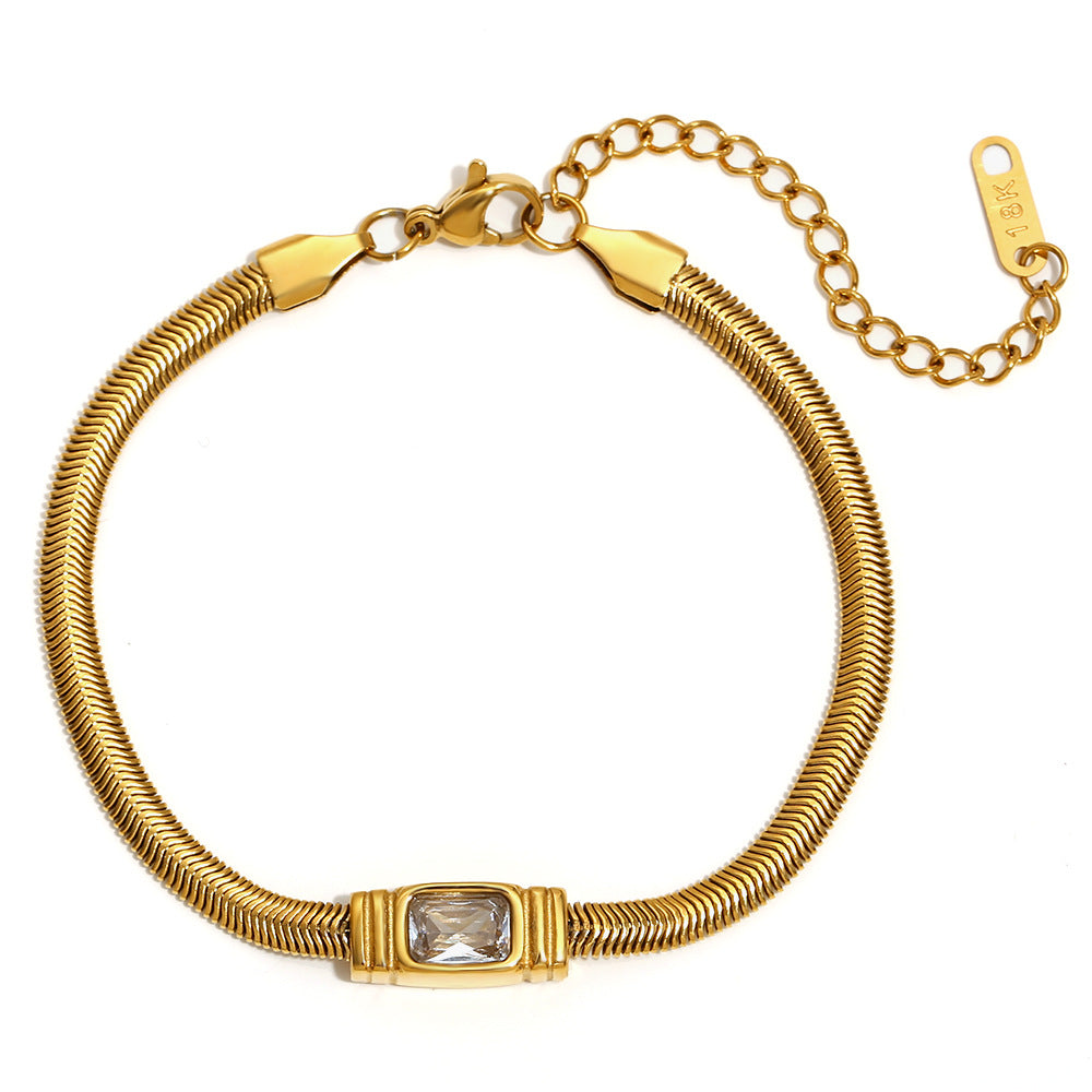 Vintage Hip Hop Geometric Stainless Steel Plated 18K Gold Snake Chain Necklace with Zircon Accents for Women