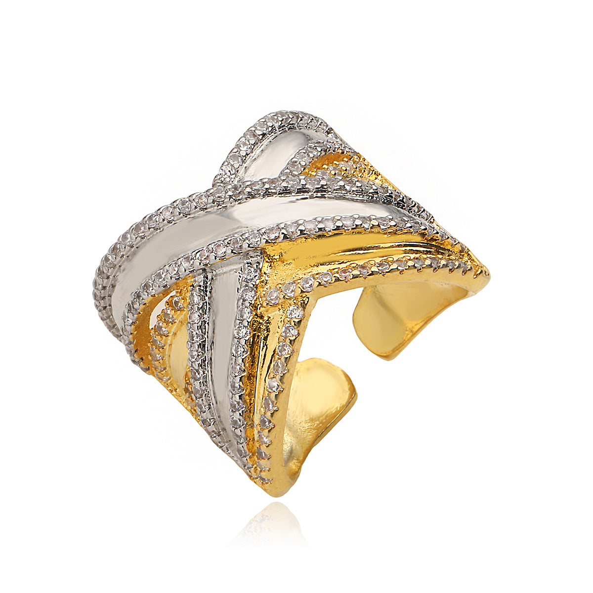 Anello aperto geometrico vintage alla moda, micro-incastonato con zirconi cubici, placcato oro 18 carati, in rame, a fascia larga, da donna