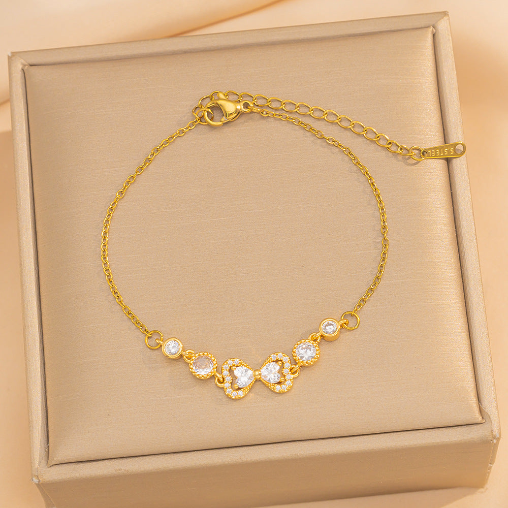 Elegante pulsera de acero de titanio en forma de lazo con incrustaciones de circonita, ajustable para mujer, accesorio de moda de lujo