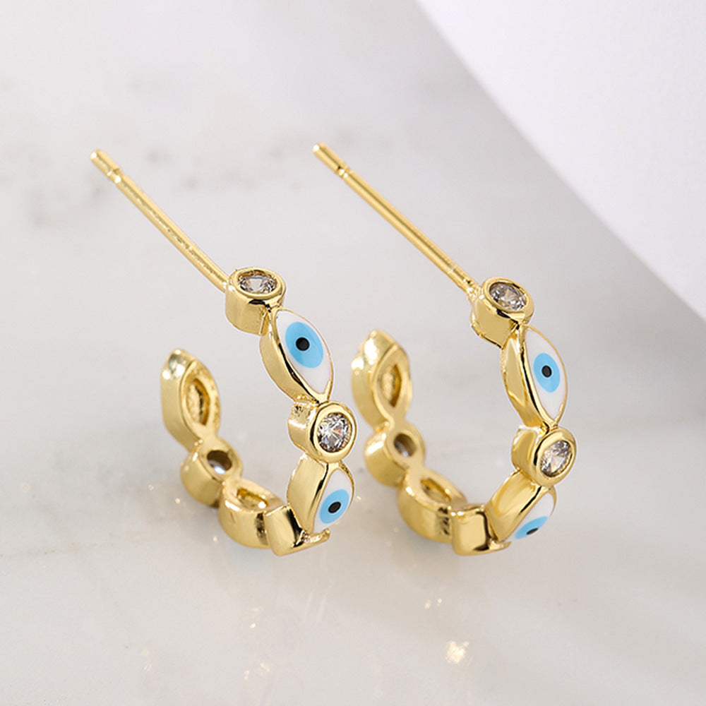 Fashionable Geometric C-Shaped Evil Eye Earrings for Women with Copper Base Plated in 18K Gold and Enamel Finish, Micro-Paved with Zircon