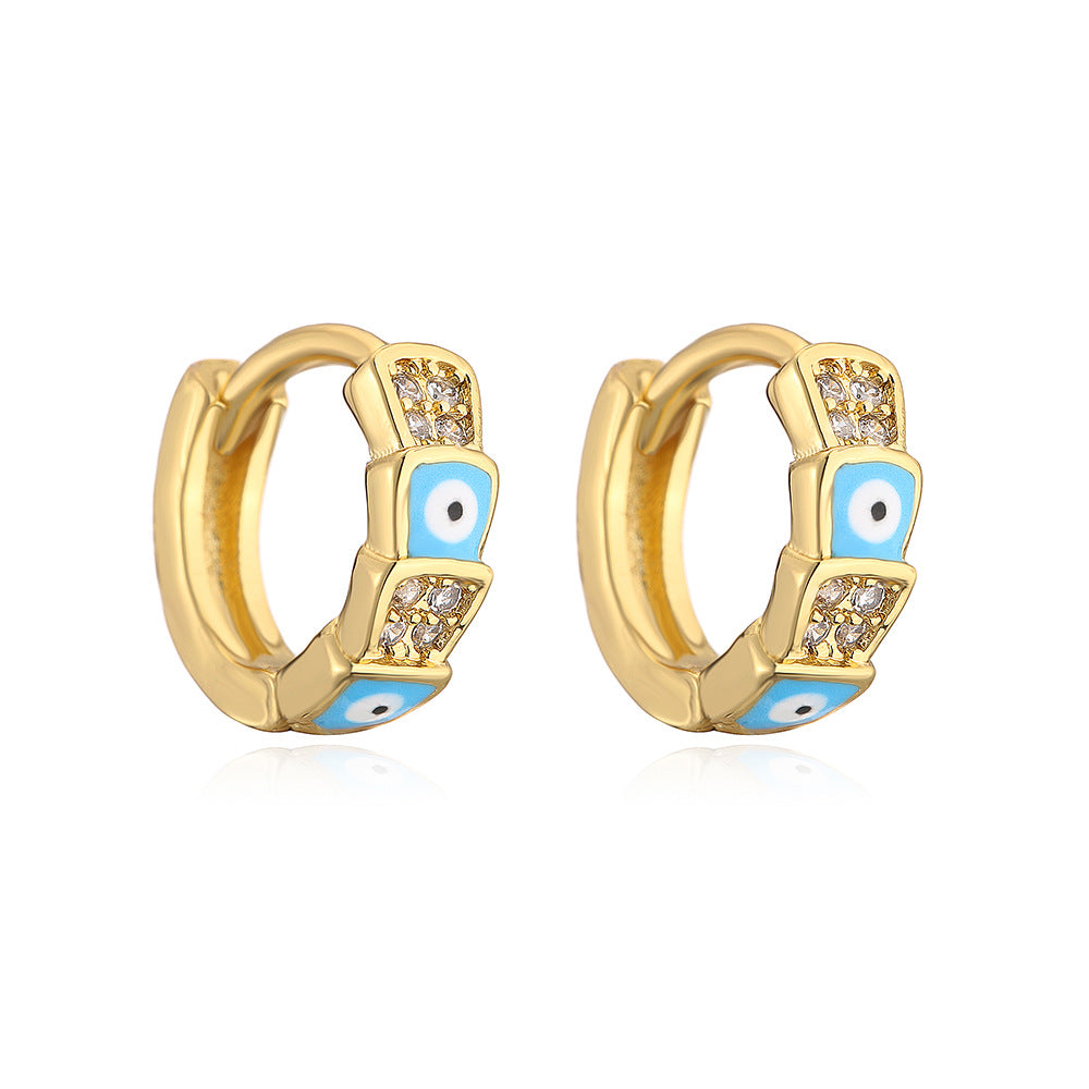 Minimalist Geometric Copper Earrings with Real Gold Plating and Enamel Eye Detail