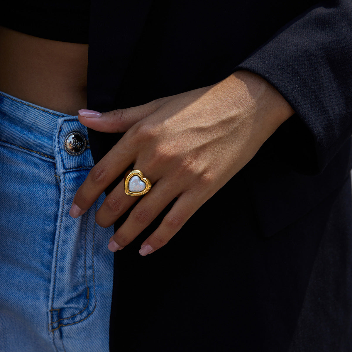 Anello da Donna in Acciaio Inossidabile con Cuore Geometrico Moda, Placcato Oro 18K