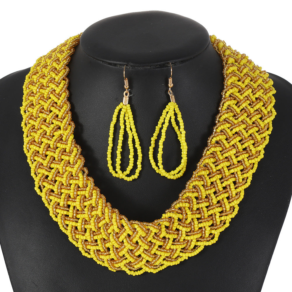 Bohemian Style Braided Rope Resin Necklace Set with Mesh Pattern and Hand-Strung Beads for Women