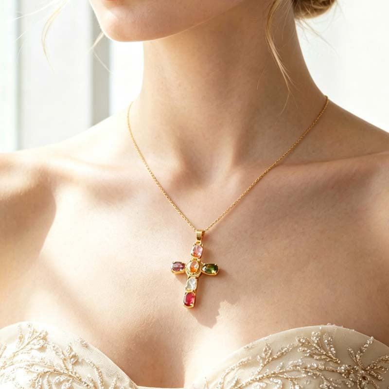 Sweet Colorful Cross Zinc Alloy Plated Necklace with Crystal Cubic Zirconia Inlay for Unisex