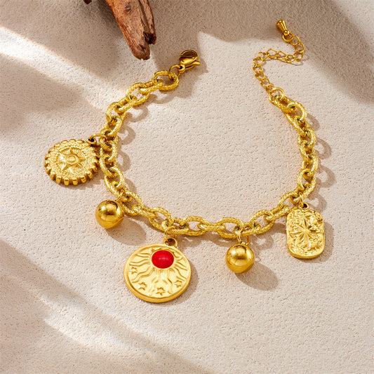 Vintage-Inspired Irregular Sun Pendant Necklace and Bracelet Set for Women in Stainless Steel with Plated Finish