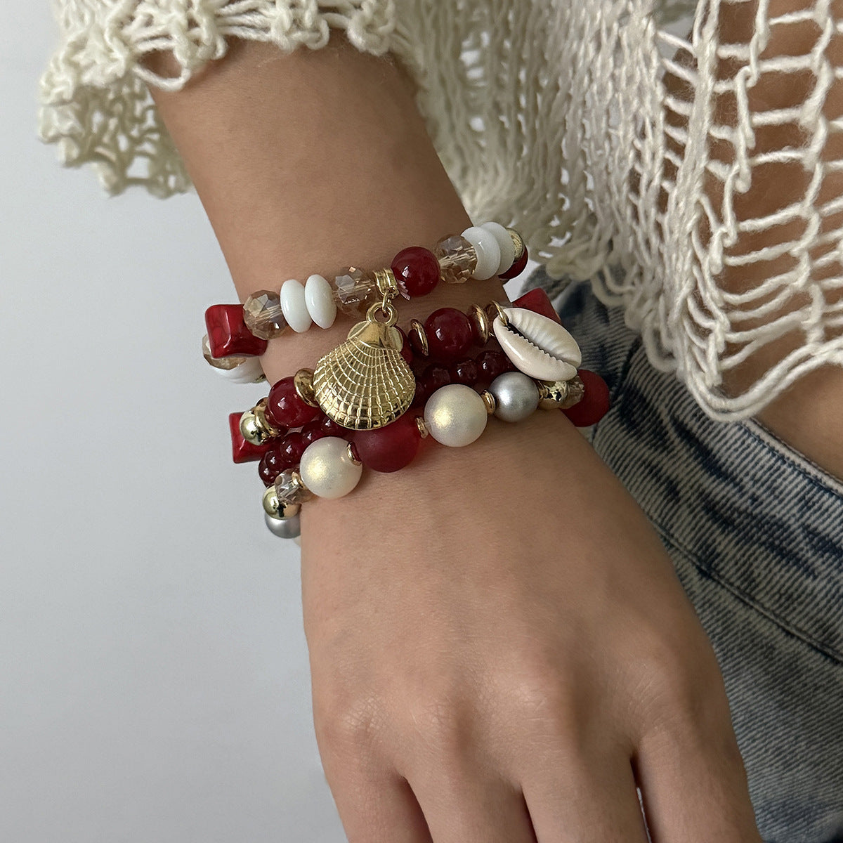 Set di bracciali da donna in stile bohémien con conchiglie e perline geometriche, gioielli per vacanze estive al mare