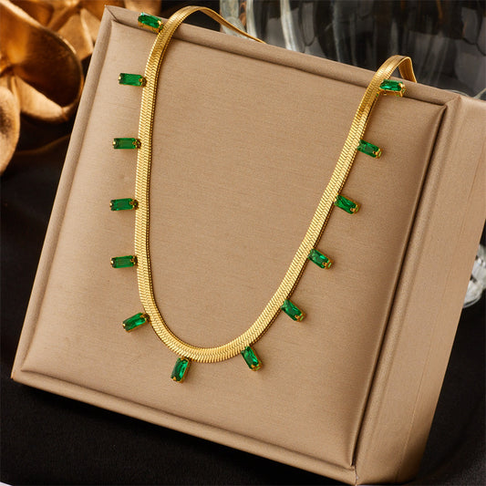 Collana a catena a serpente in acciaio al titanio con strass verdi piccoli, geometrica, retrò e minimalista