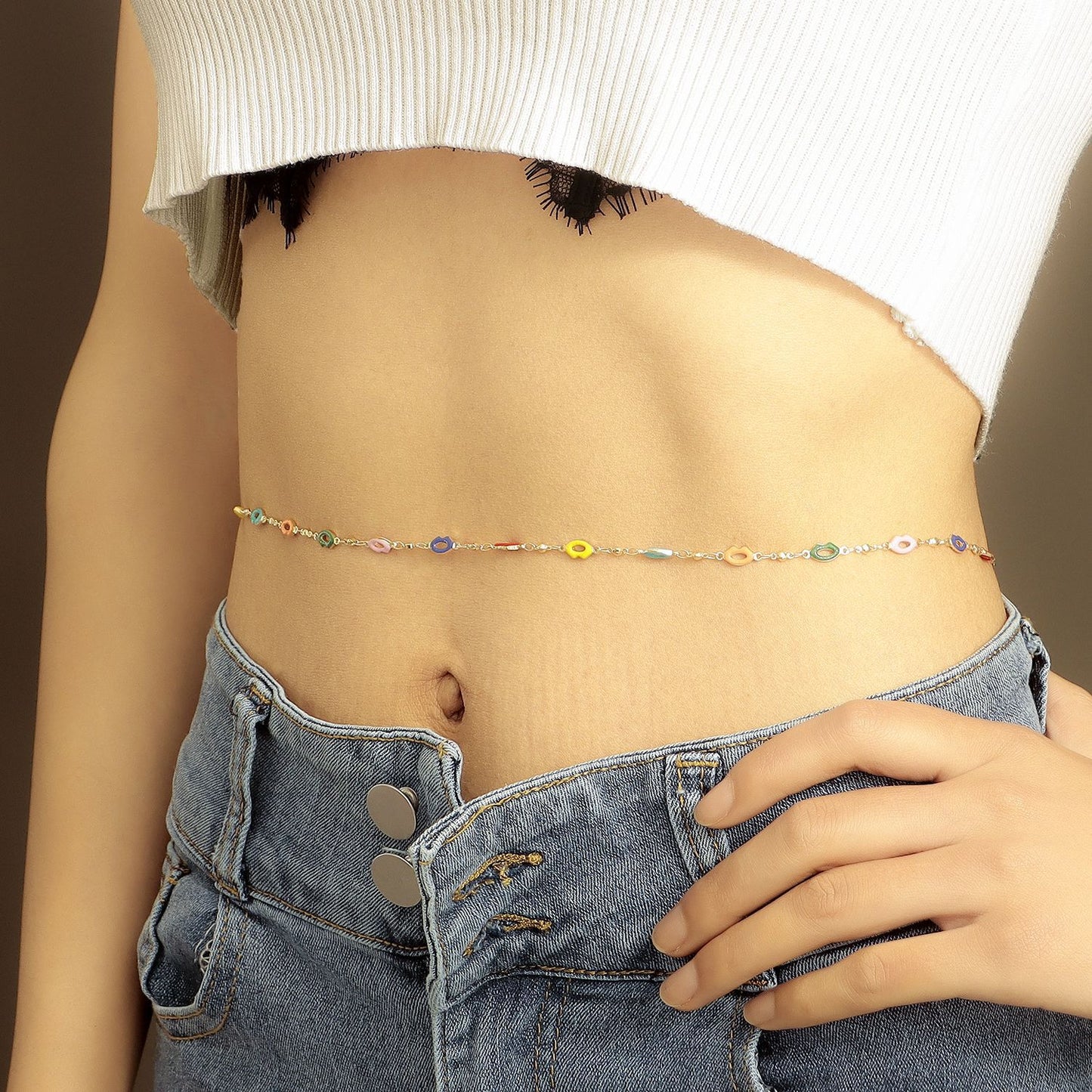 Punk Style Geometric Star and Lips Shaped Metal Waist Chain for Women with Enamel Finish