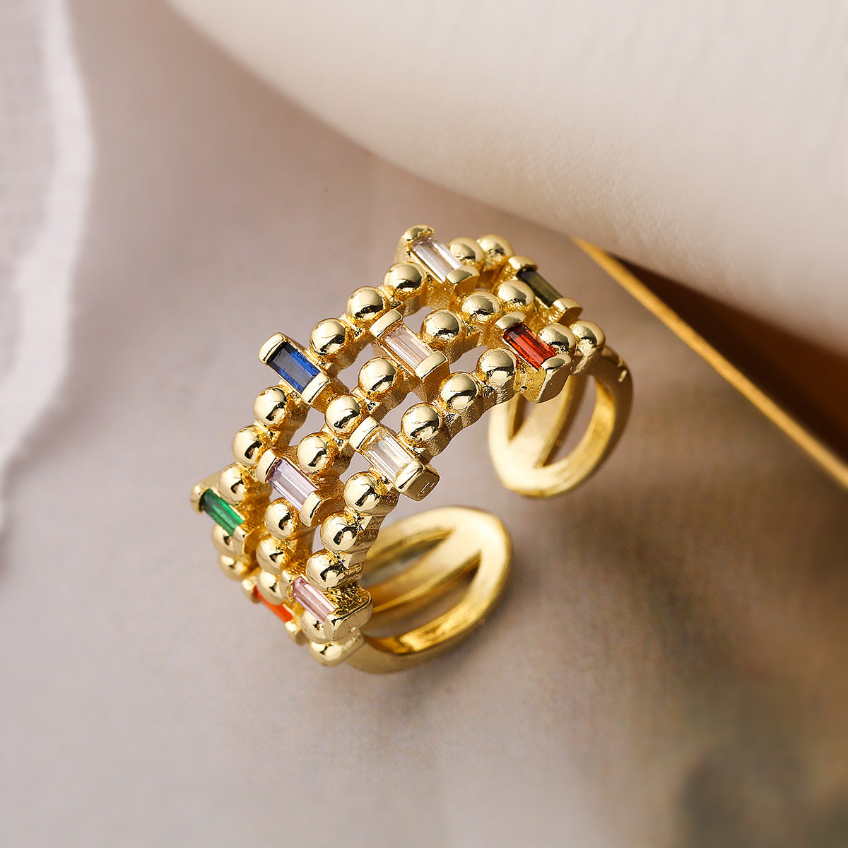 Minimalist Geometric Wide Open Ring for Women Made of Brass with Real Gold Plating and Zircon Inlay