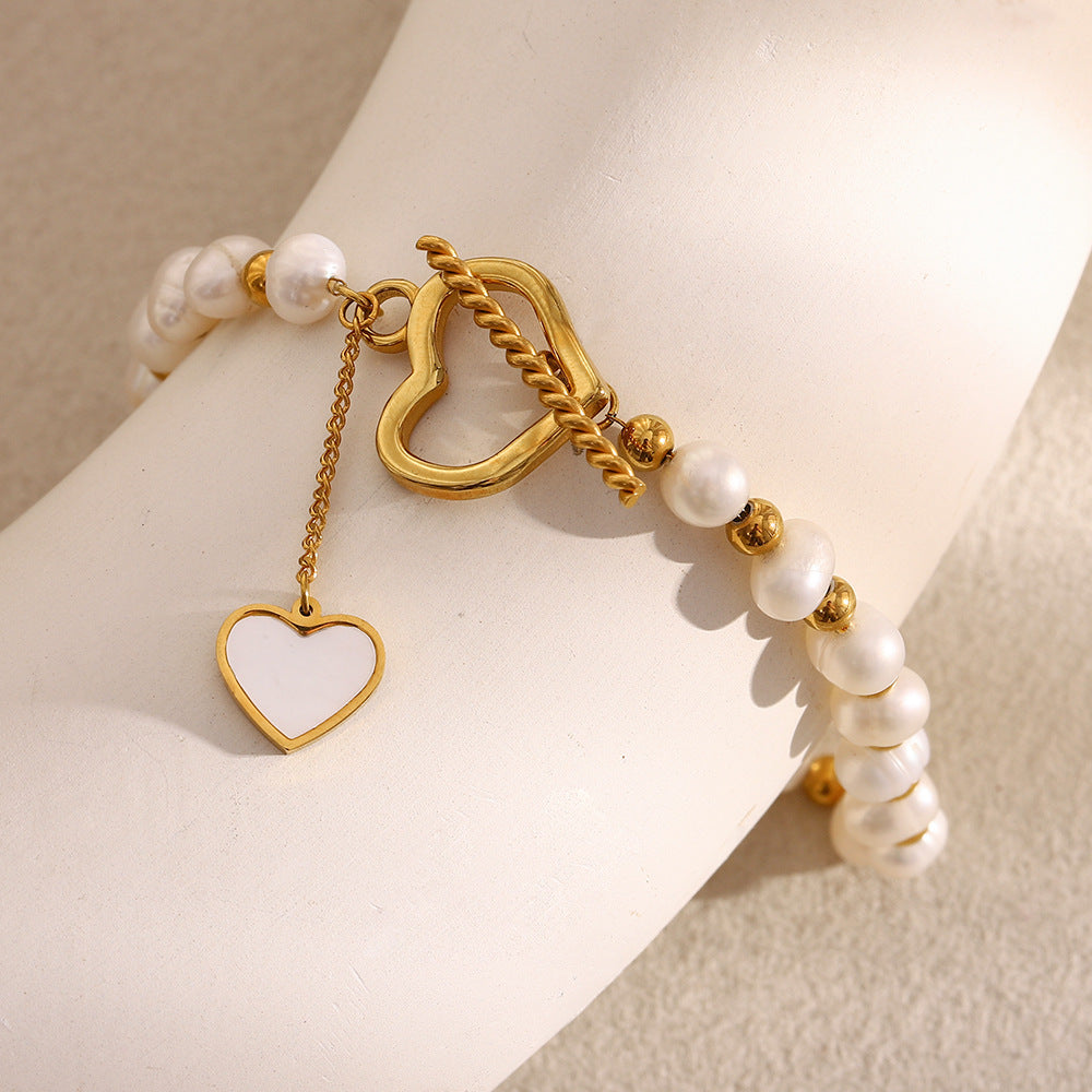 Minimalist Geometric Stainless Steel Plated 18K Gold Pearl Heart Clasp Bracelet for Women