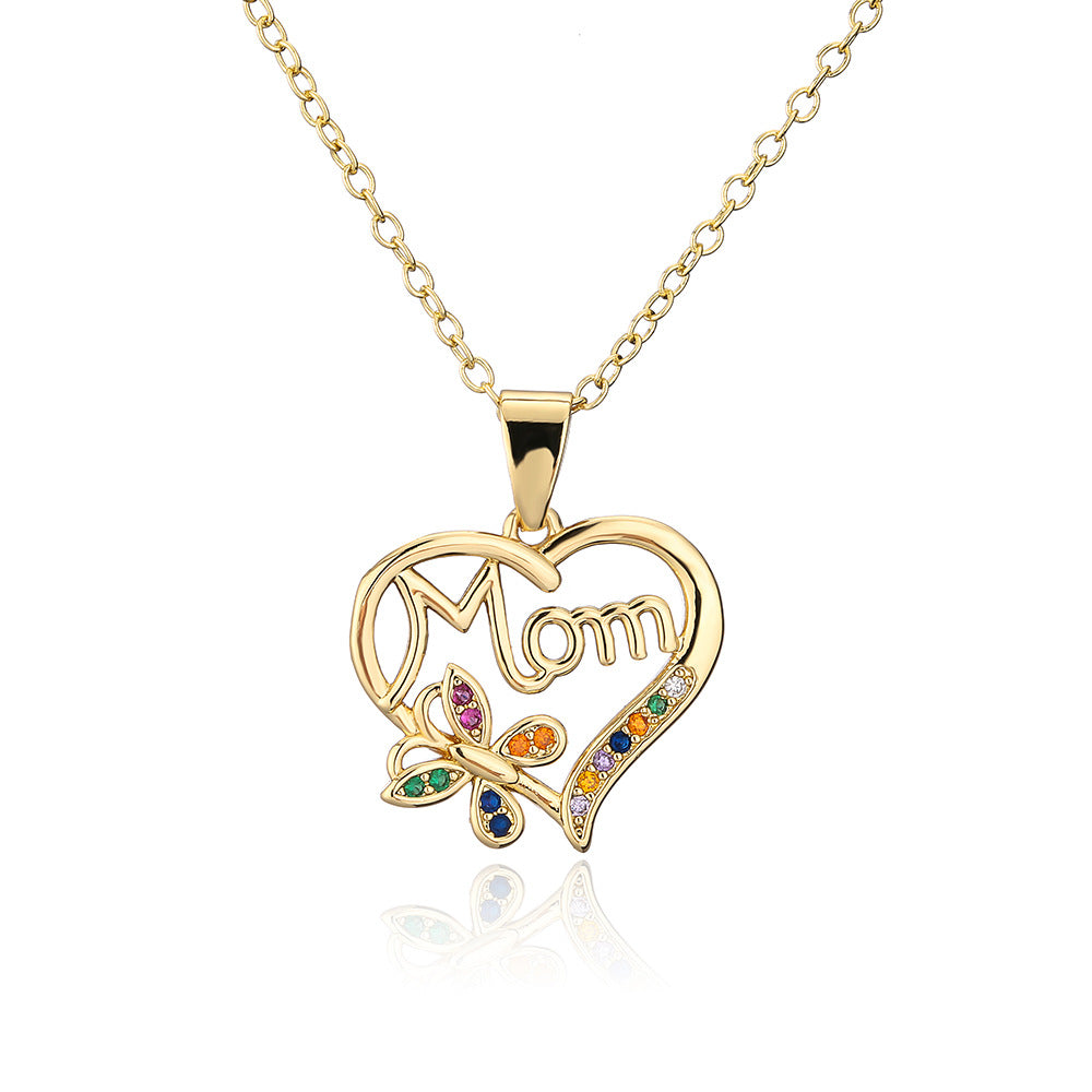Geometric MOM Pendant Necklace in Copper with Micro-Pave Zirconia and 18K Gold Plating for Women