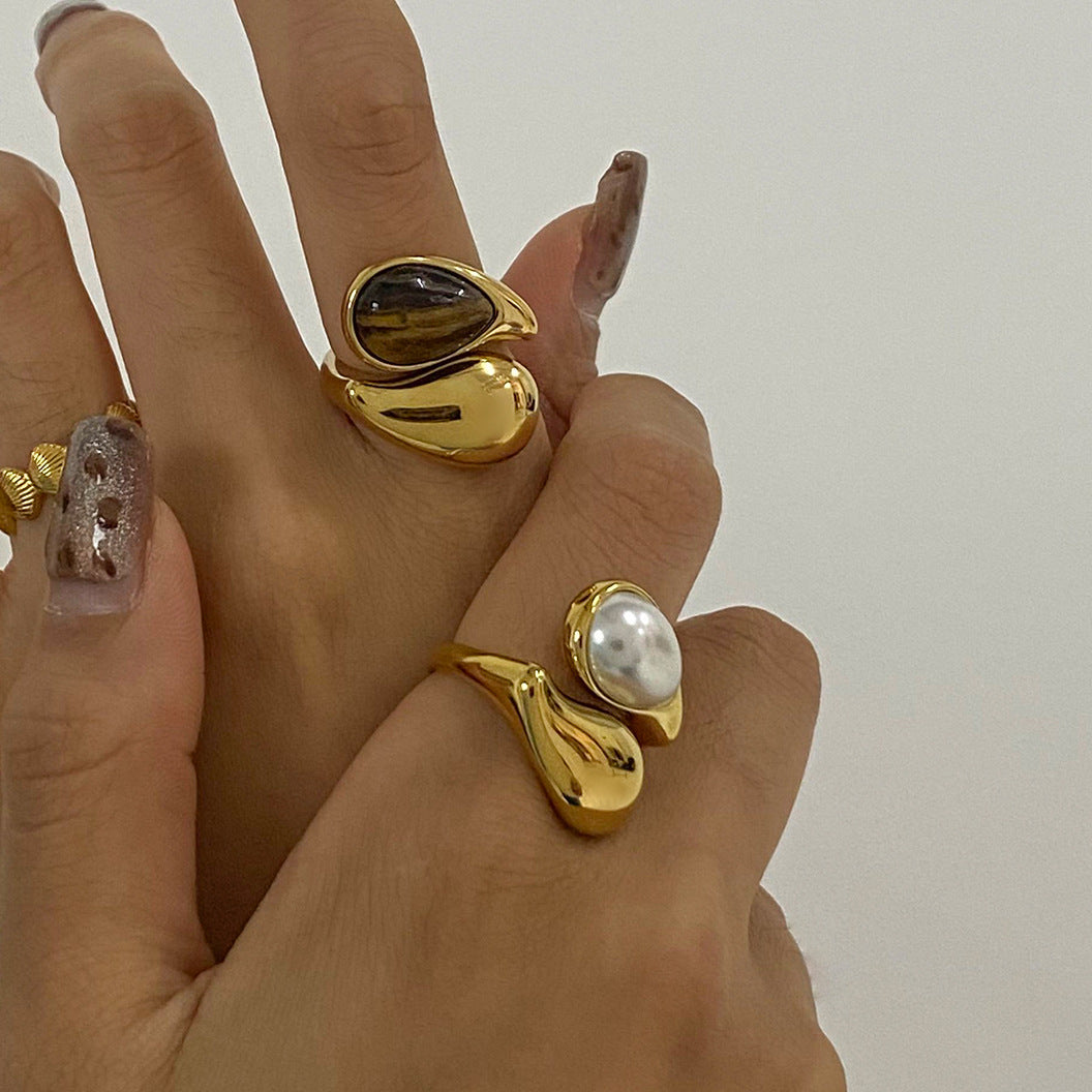 Anillo minimalista geométrico de acero inoxidable con chapado de acero de titanio y ojo de tigre para mujer