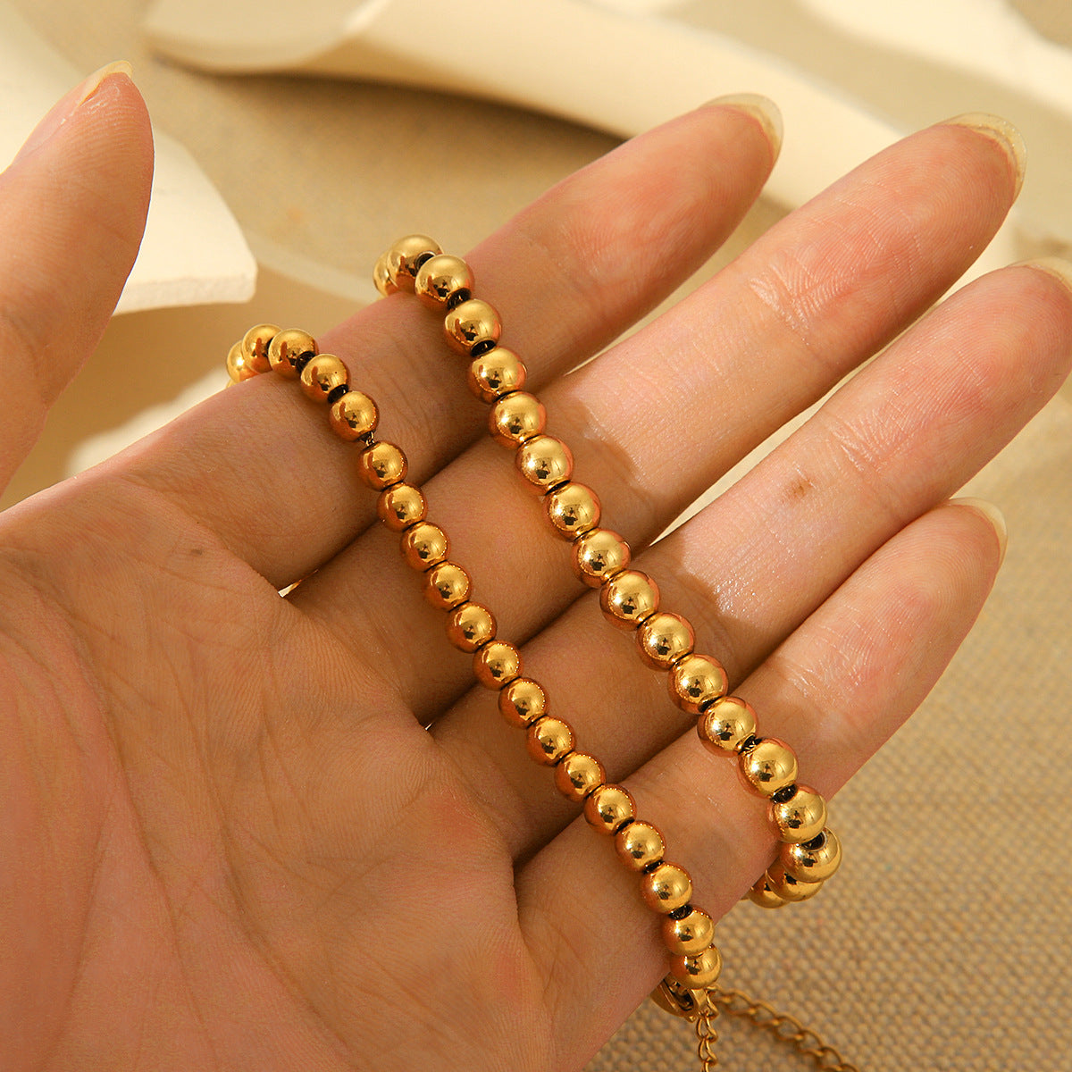 Minimalist 18K Gold Plated Stainless Steel Round Bead Chain Bracelet for Women Geometric Ball Link Jewelry