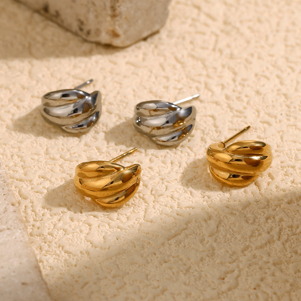 Fashionable Minimalist Geometric Stainless Steel 18K Gold Plated Pumpkin Stripe Stud Earrings for Women