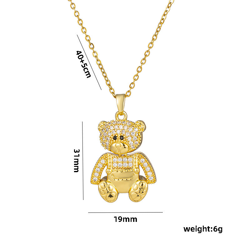 Collar con colgante de oso minimalista de lujo para mujer en acero de titanio con incrustaciones de diamantes de imitación en cadena tipo O