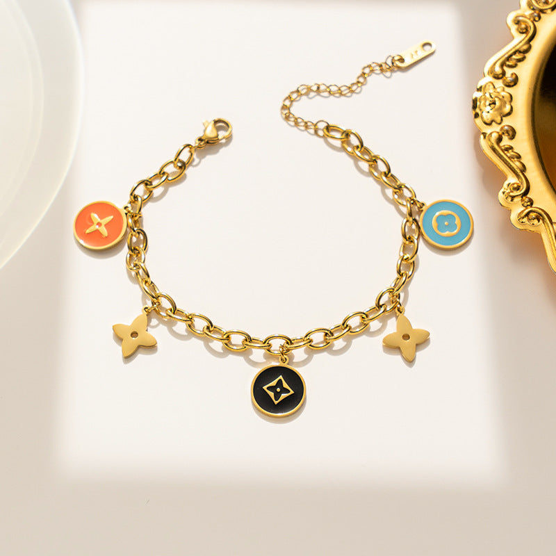 Luxury Four-Leaf Clover Titanium Steel Bracelet with Enamel Finish for Women