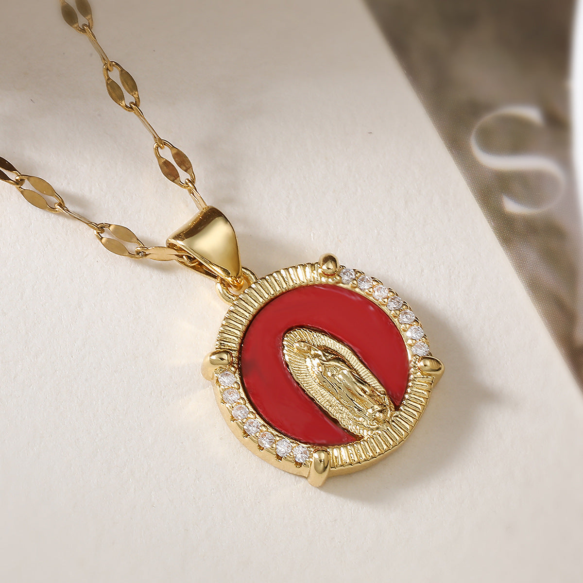 Vintage Minimalist Brass Gold Plated Geometric Virgin Mary Pendant with Cubic Zirconia
