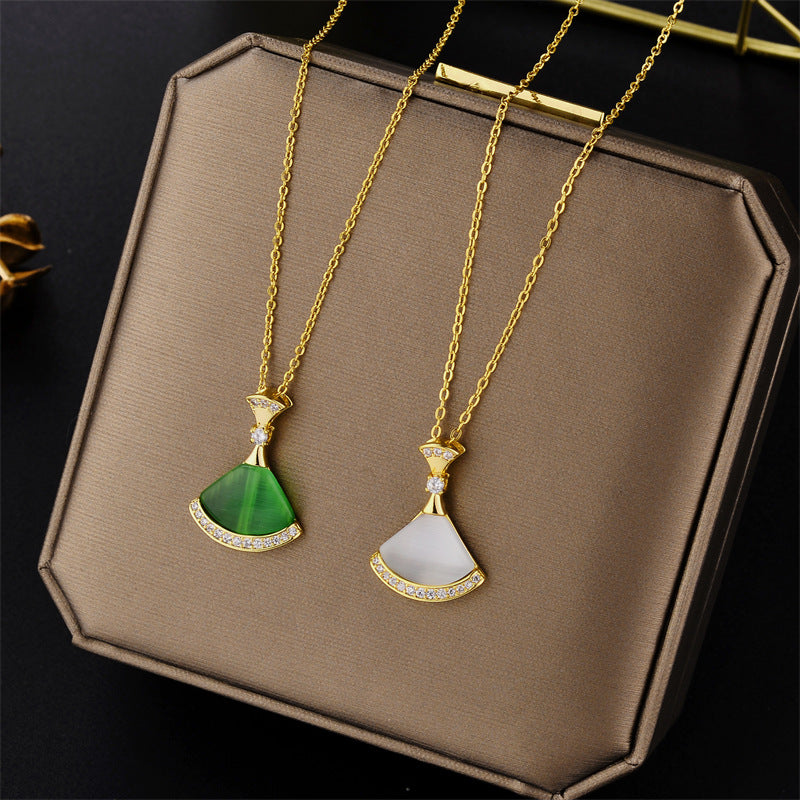 Minimalist Fan-Shaped Mother-of-Pearl Inlaid Pendant Necklace for Women - Titanium Steel Electroplated O-Chain Clavicle Chain