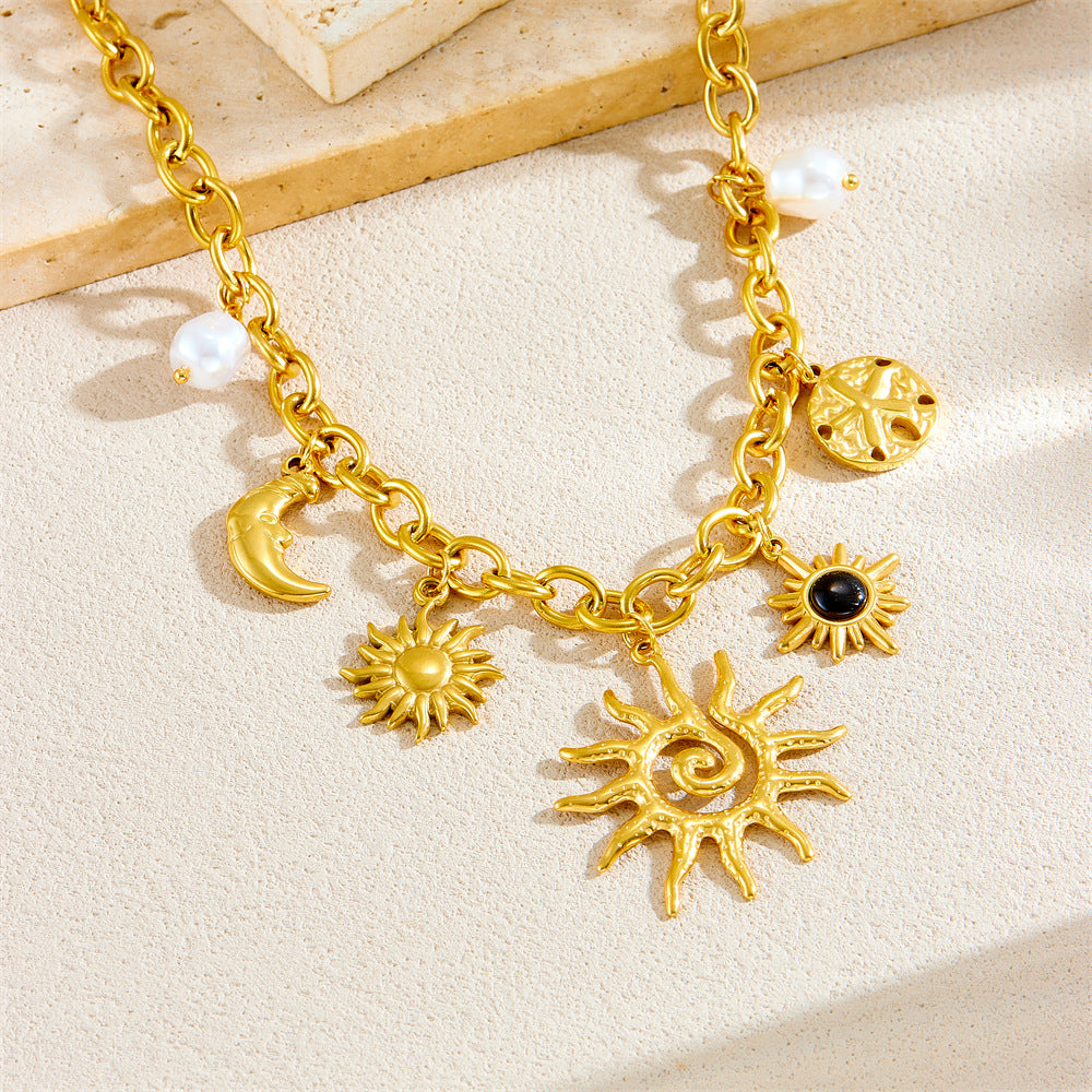 Elegant Stainless Steel Drip Oil Moon Sun Flower Pendant Necklace with Cable Chain for Women