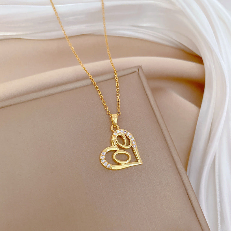 Collana con Pendente a Cuore Vuoto Minimalista per Donna e Uomo in Acciaio Inossidabile con Strass su Catena Delicata