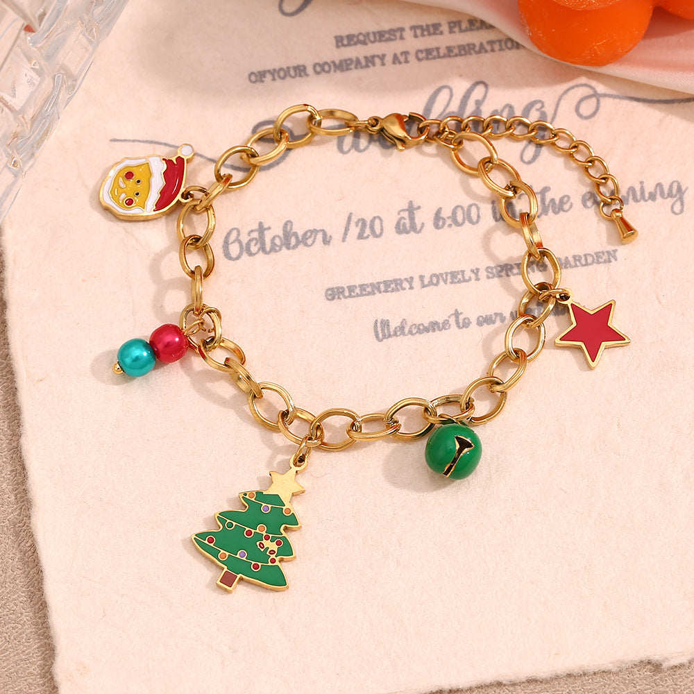 Bracciale con ciondolo a campana a forma di albero di Natale alla moda per donna, in acciaio inossidabile placcato oro 18 carati, catena fatta a mano