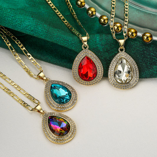 Minimalist Geometric Teardrop Pendant Necklace for Women in Brass with Real Gold Plating and Zircon Inlay