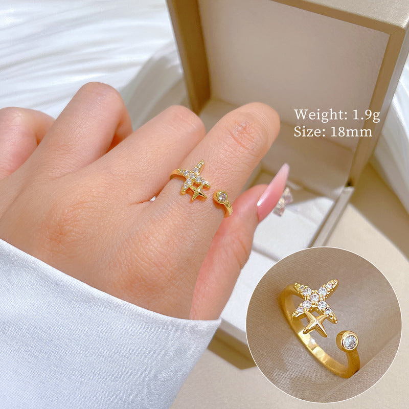 Minimalist Geometric Gold-Plated Brass Open Ring for Women with Crown Shape and Rhinestone Inlay