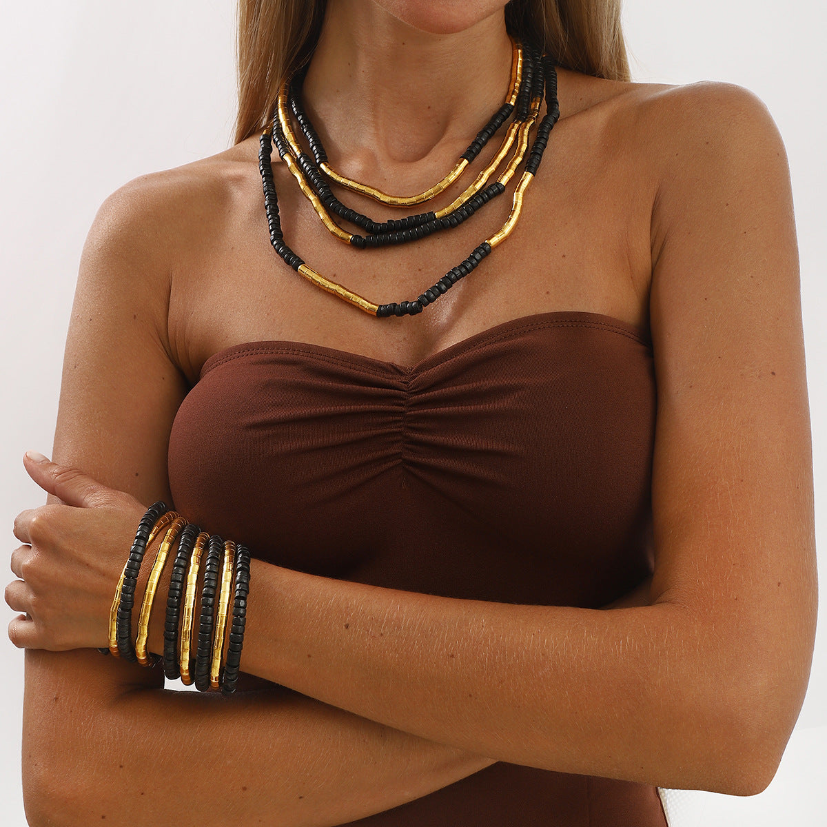 Bracciale in lega e perline di legno stile Punk Vintage con forme geometriche, set di bracciali multistrato fatti a mano e impilabili