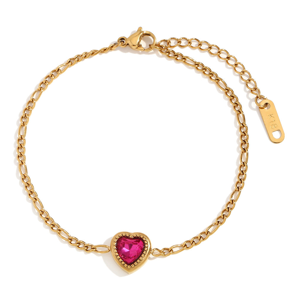 Fashionable Minimalist Heart-Shaped Stainless Steel Plated 18K Gold Figaro Bracelet for Women