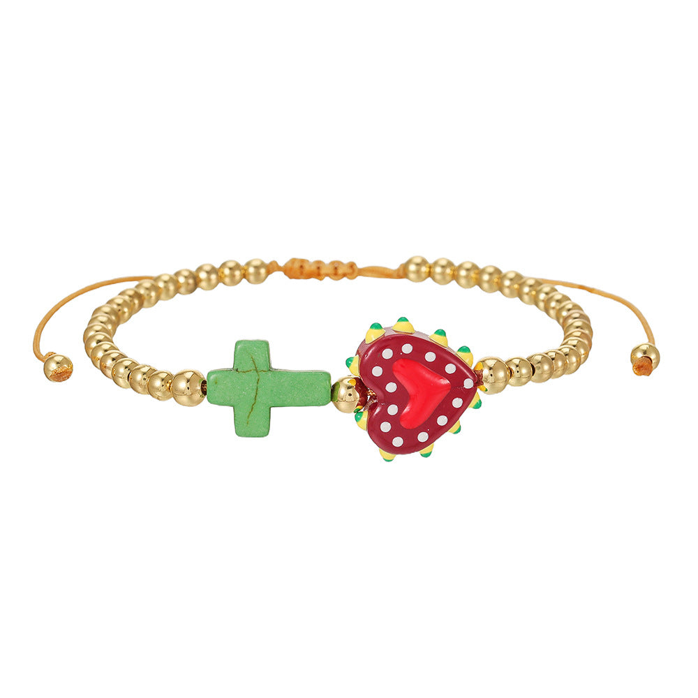 Casual Elegant Handmade Geometric Cross Heart Turquoise Bracelet with Gold Bead Accents